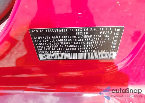 2013 Volkswagen Jetta 2.0L Base/2.0L S из США, поврежденный, VIN 3VW2K7AJ9DM312904